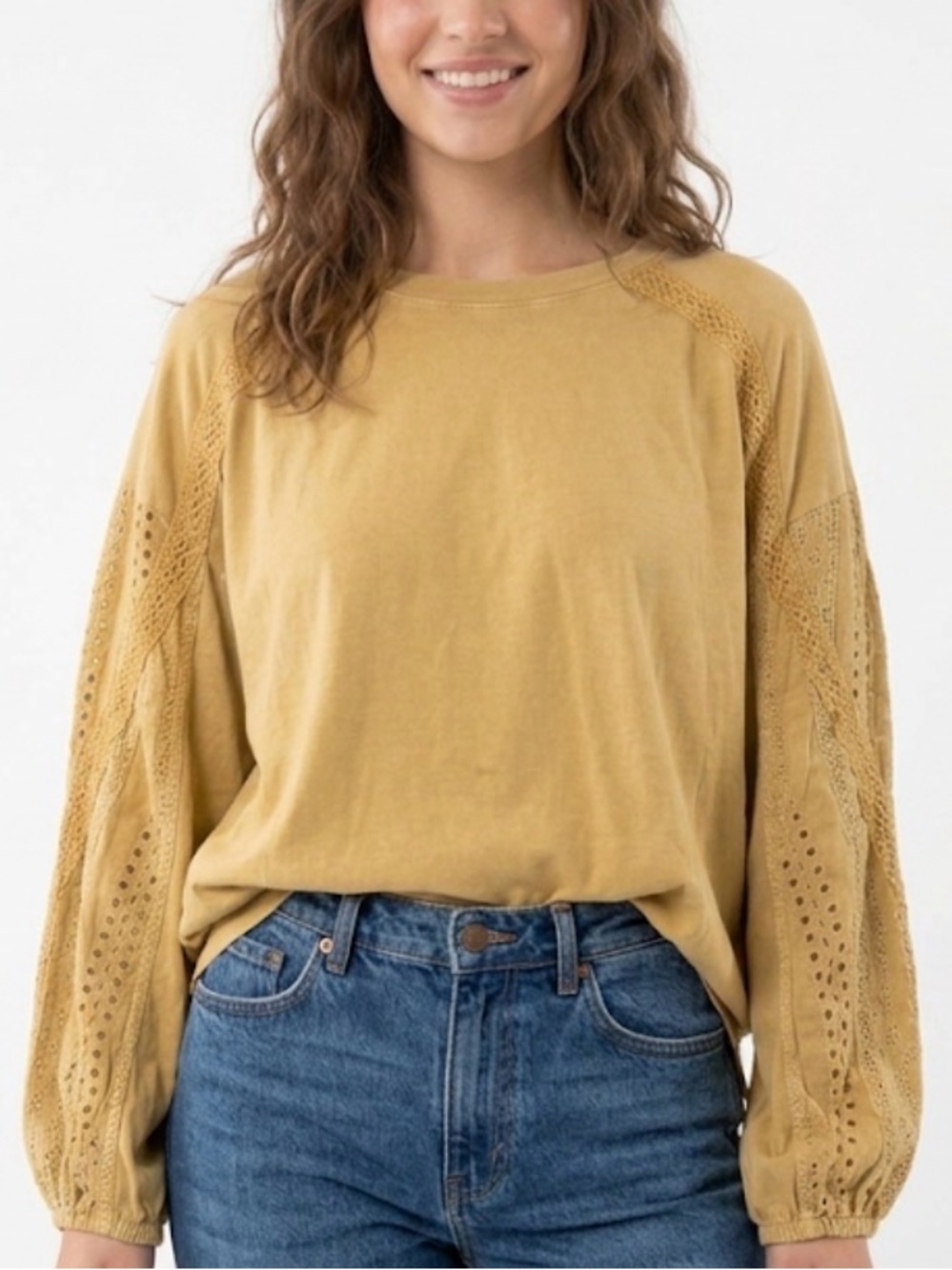 easel Mustard Yellow Eyelet Sleeve Long-Sleeve Top